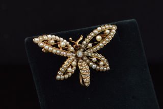 BROOCH 14K Yellow Gold Diamond & Pearl Butterfly Pin - Vintage Estate Jewelry 2