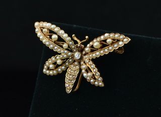 BROOCH 14K Yellow Gold Diamond & Pearl Butterfly Pin - Vintage Estate Jewelry 3
