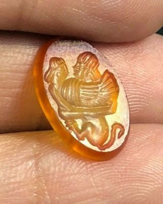 Bizarre Top Ancient Carnelian Intaglio Sphinx & Angel Erotic Post Signet Stamp