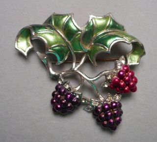 Early 1944 - 49 Signed Marcel Boucher Spray Brooch Pin - Enameled Berries & Leaves