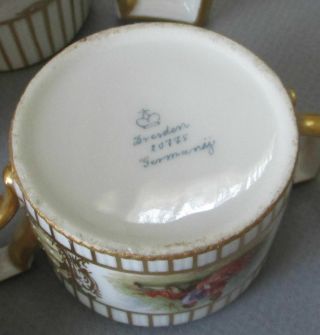 Antique DRESDEN HP Porcelain TeaPot S&C Tray 4 Cups,  Saucers Figures GILT Paste 10