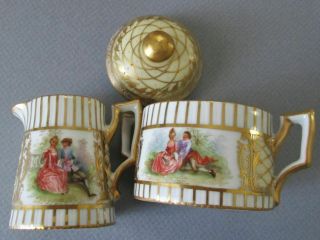 Antique DRESDEN HP Porcelain TeaPot S&C Tray 4 Cups,  Saucers Figures GILT Paste 11