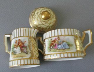 Antique DRESDEN HP Porcelain TeaPot S&C Tray 4 Cups,  Saucers Figures GILT Paste 12
