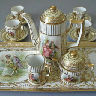 Antique Dresden Hp Porcelain Teapot S&c Tray 4 Cups,  Saucers Figures Gilt Paste
