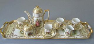 Antique DRESDEN HP Porcelain TeaPot S&C Tray 4 Cups,  Saucers Figures GILT Paste 2