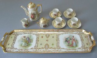 Antique DRESDEN HP Porcelain TeaPot S&C Tray 4 Cups,  Saucers Figures GILT Paste 3