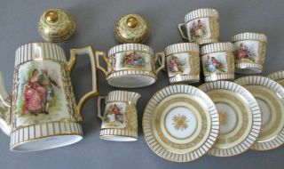 Antique DRESDEN HP Porcelain TeaPot S&C Tray 4 Cups,  Saucers Figures GILT Paste 4