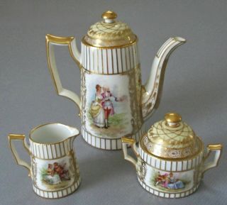 Antique DRESDEN HP Porcelain TeaPot S&C Tray 4 Cups,  Saucers Figures GILT Paste 5