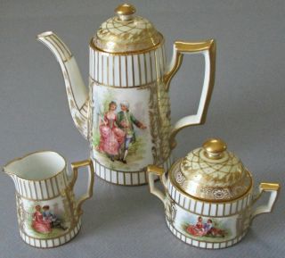 Antique DRESDEN HP Porcelain TeaPot S&C Tray 4 Cups,  Saucers Figures GILT Paste 6