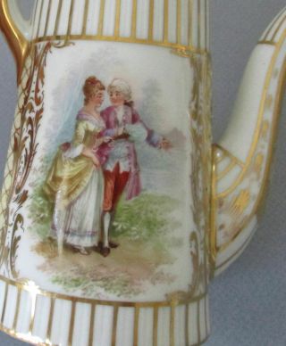Antique DRESDEN HP Porcelain TeaPot S&C Tray 4 Cups,  Saucers Figures GILT Paste 8