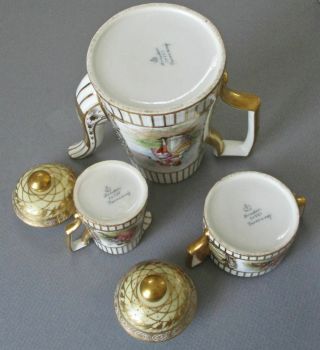 Antique DRESDEN HP Porcelain TeaPot S&C Tray 4 Cups,  Saucers Figures GILT Paste 9