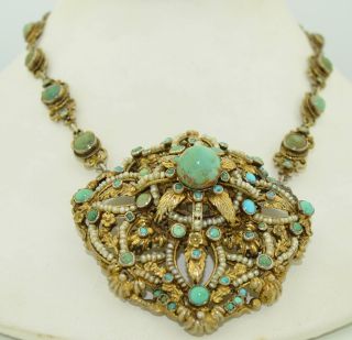 Antique Austro Hungarian 800 Silver Turquoise & Seed Pearl Necklace 6