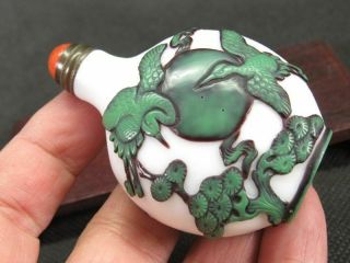 Chinese Crane Deer Carved Peking Overlay Glass Snuff Bottle 2