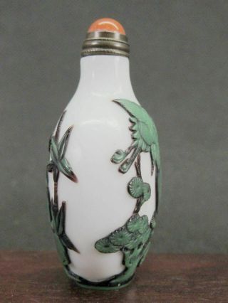 Chinese Crane Deer Carved Peking Overlay Glass Snuff Bottle 3