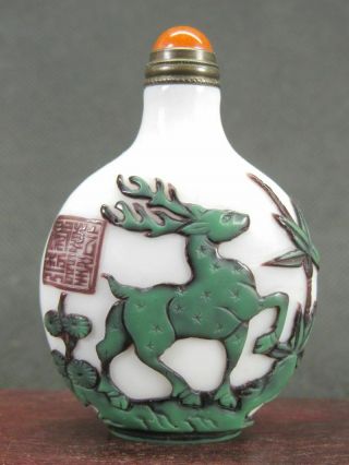 Chinese Crane Deer Carved Peking Overlay Glass Snuff Bottle 4