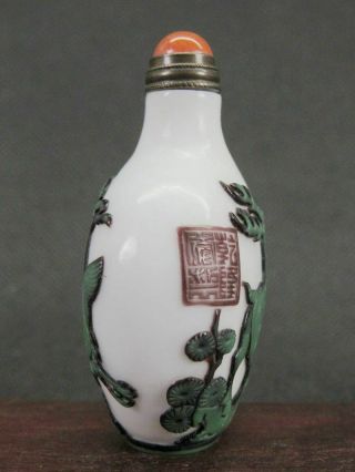 Chinese Crane Deer Carved Peking Overlay Glass Snuff Bottle 6