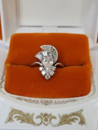 Antique Art Deco Pear Cut Diamond PLATINUM Baguettes Engagement Cocktail Ring NR 10