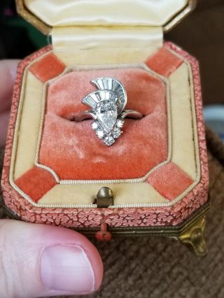 Antique Art Deco Pear Cut Diamond PLATINUM Baguettes Engagement Cocktail Ring NR 4