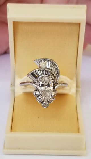 Antique Art Deco Pear Cut Diamond PLATINUM Baguettes Engagement Cocktail Ring NR 6