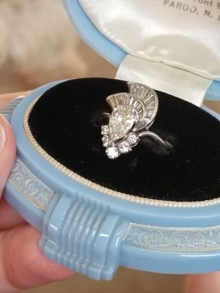 Antique Art Deco Pear Cut Diamond PLATINUM Baguettes Engagement Cocktail Ring NR 8