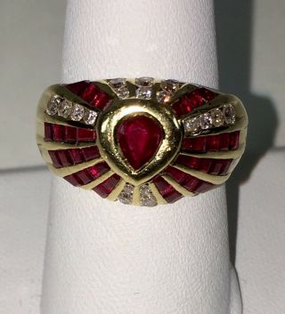 Vintage English 18k Yellow Gold Ruby & Diamond Ring 9.  1 Grams
