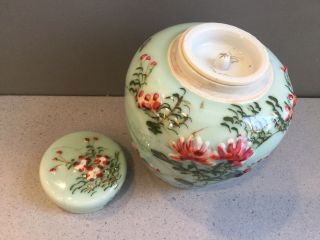 3 pc Antique Hand Painted Floral Gilt Porcelain Celadon Ginger Jar Tea Caddy 6.  5 2
