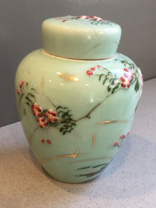 3 pc Antique Hand Painted Floral Gilt Porcelain Celadon Ginger Jar Tea Caddy 6.  5 3