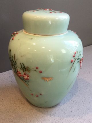 3 pc Antique Hand Painted Floral Gilt Porcelain Celadon Ginger Jar Tea Caddy 6.  5 4