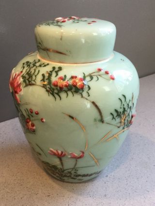 3 pc Antique Hand Painted Floral Gilt Porcelain Celadon Ginger Jar Tea Caddy 6.  5 5