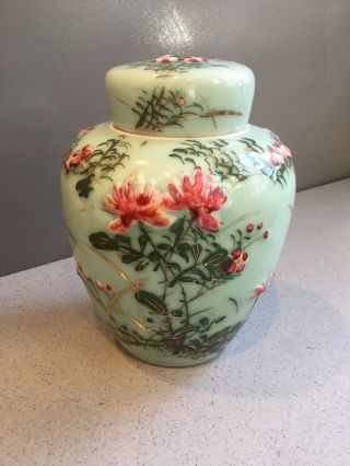 3 pc Antique Hand Painted Floral Gilt Porcelain Celadon Ginger Jar Tea Caddy 6.  5 7