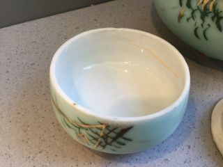 3 pc Antique Hand Painted Floral Gilt Porcelain Celadon Ginger Jar Tea Caddy 6.  5 8
