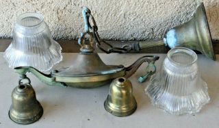 Antique Brass Hanging 2 Arm Light Pan Ceiling Chandelier Fixture Halophane Shade