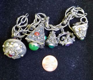Vintage Etruscan 800 Silver Carnelian Amethyst Fob 5 Charm Bracelet Jewelry 4