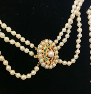 Vintage Cultured Saltwater Pearl Necklace On 9ct Turquoise,  Garnet & Pearl Clasp