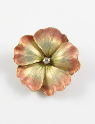 Petite Antique 14k Gold Art Nouveau Enamel & Diamond Pansy Flower Brooch Pin