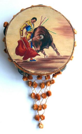 1959 Hand Painted Spanish Bull Fighter Tambourine Oil Painting Modernist Mcm