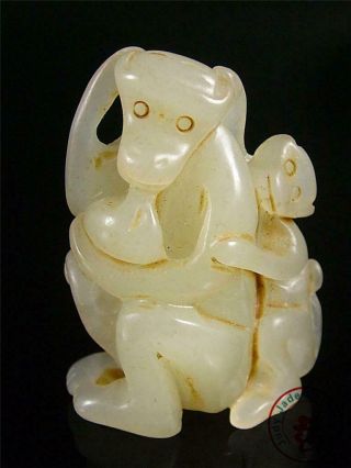 Antique Old Chinese Nephrite Celadon Jade Pendant Netsuke Statue Double Monkeys