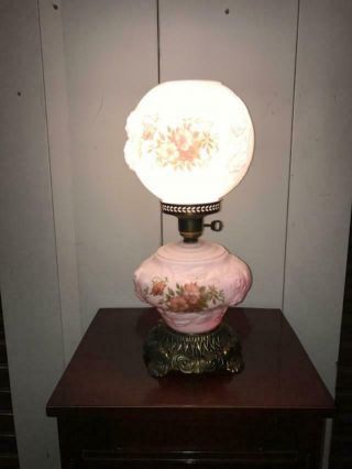 Vintage Hurricane Parlor Table Lamp With Hand Painted Floral Design