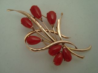 Vintage 18k Solid Yellow Gold And Red Coral Flowers Pin Brooch