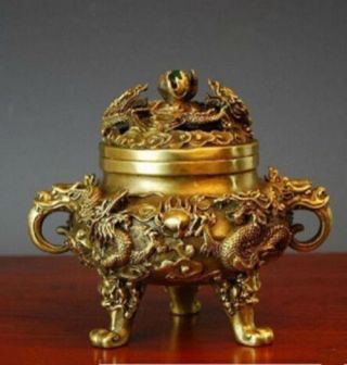 Old Chinese Brass Nine Dragons Kowloon Incense Burner Rn