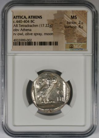 Ancient Attica Athens 440 - 404 Bc Athena Owl Tetradrachm Silver Coin Ngc Ms