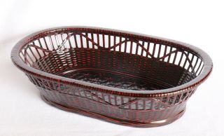 Japanese Bamboo Bowl Wood Woven Basket Lacquer Oval Rantai Shikki Vintage