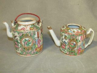 2 Antique Chinese Export Rose Medallion Drum Teapot - No Covers