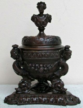Outstanding Antique Bronze Inkwell Roman Goddess Juno With Ancient Dolphins
