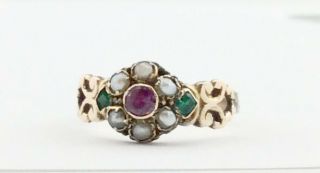 Antique Georgian Ruby Emerald & Pearl 15ct Gold Ring Size 0