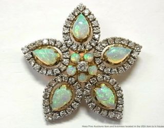 Fine Natural Australian Opal 3ctw Diamond Star Pin Pendant 14k Gold Vintage
