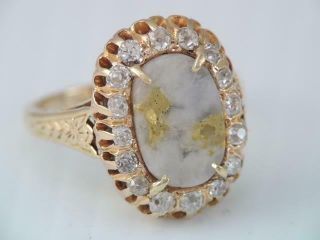 Rare Victorian 14k Gold Mine Cut Diamond & Gold Quartz Ring Gorgeous