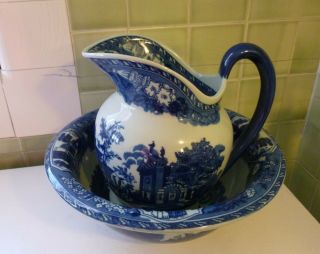 Blue Estate Pattern Pitcher & Wash Bowl Set - English Ironstone