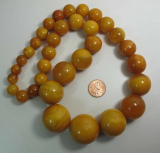 Antique Round Egg Yolk Baltic Amber Necklace w/ 30 - MM Center Bead 137.  5 Grams 5