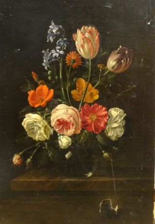 Fine 17th 18th Century Dutch Old Master Still Life Flowers Antique Oil Painting